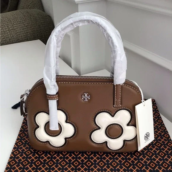 Tory Burch Emerson Dome Satchel Crossbody Bag Floral Applique NWT In Pac Leather - Picture 12 of 13